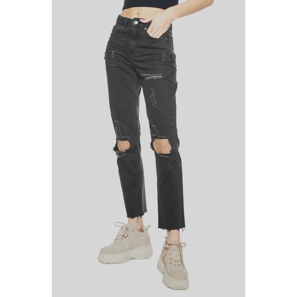 Topshop Denim - Topshop Ripped Destroyed Faded Black Straight Leg Jeans